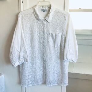 AUGUST SILK Linen Blouse White Tunic 1X 2X Button Down Plus Size Top Crochet EUC